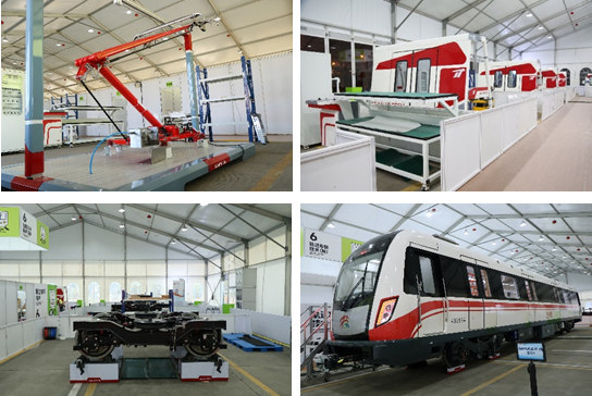 A collage of four images showing Jiean Hi-tech's devices and services including rail transit train driving and maintenance systems.