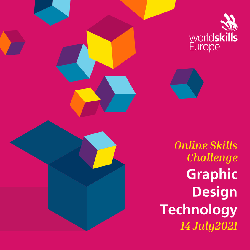 Flyer promoting WorldSkills Europe's new Online Skills Challenge in Graphic Design Technology.