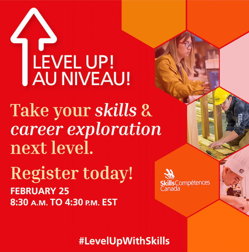 Flyer for "Level Up!", a one-day virtual skills event on 25 February 2021.